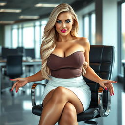 A sexy, beautiful, curvy woman with a thin face and long blonde hair, showcasing her crystal blue eyes