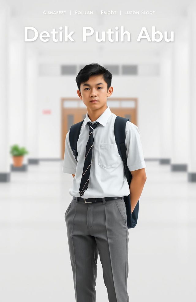 A minimalist poster titled 'Detik Putih Abu', featuring a single male high school student wearing a classic high school uniform, standing confidently against a blurred school background that suggests a classic educational environment