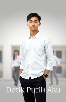 A minimalist poster titled 'Detik Putih Abu', featuring a single male high school student wearing a classic high school uniform, standing confidently against a blurred school background that suggests a classic educational environment