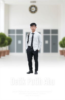 A minimalist poster titled 'Detik Putih Abu', featuring a single male high school student wearing a classic high school uniform, standing confidently against a blurred school background that suggests a classic educational environment