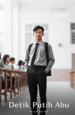 A minimalist poster titled 'Detik Putih Abu', featuring a single male high school student wearing a classic high school uniform, standing confidently against a blurred school background that suggests a classic educational environment