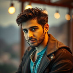 A beautifully stylized portrait of Morteza Pashaie, an Iranian pop singer known for his soulful voice and captivating presence