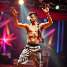 A dynamic scene featuring a male dancer in mid-performance, his hands raised high in the air as he moves with fluidity, showcasing powerful expressions of energy and artistry