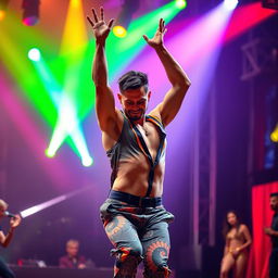 A dynamic scene featuring a male dancer in mid-performance, his hands raised high in the air as he moves with fluidity, showcasing powerful expressions of energy and artistry