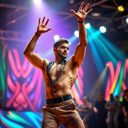 A dynamic scene featuring a male dancer in mid-performance, his hands raised high in the air as he moves with fluidity, showcasing powerful expressions of energy and artistry