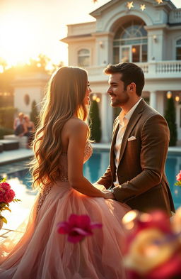 A romantic scene unfolding on a bachelor-style reality show, featuring a charming female contestant with long, flowing hair and an elegant, glamorous gown, sitting on a sunlit outdoor terrace adorned with vibrant flowers