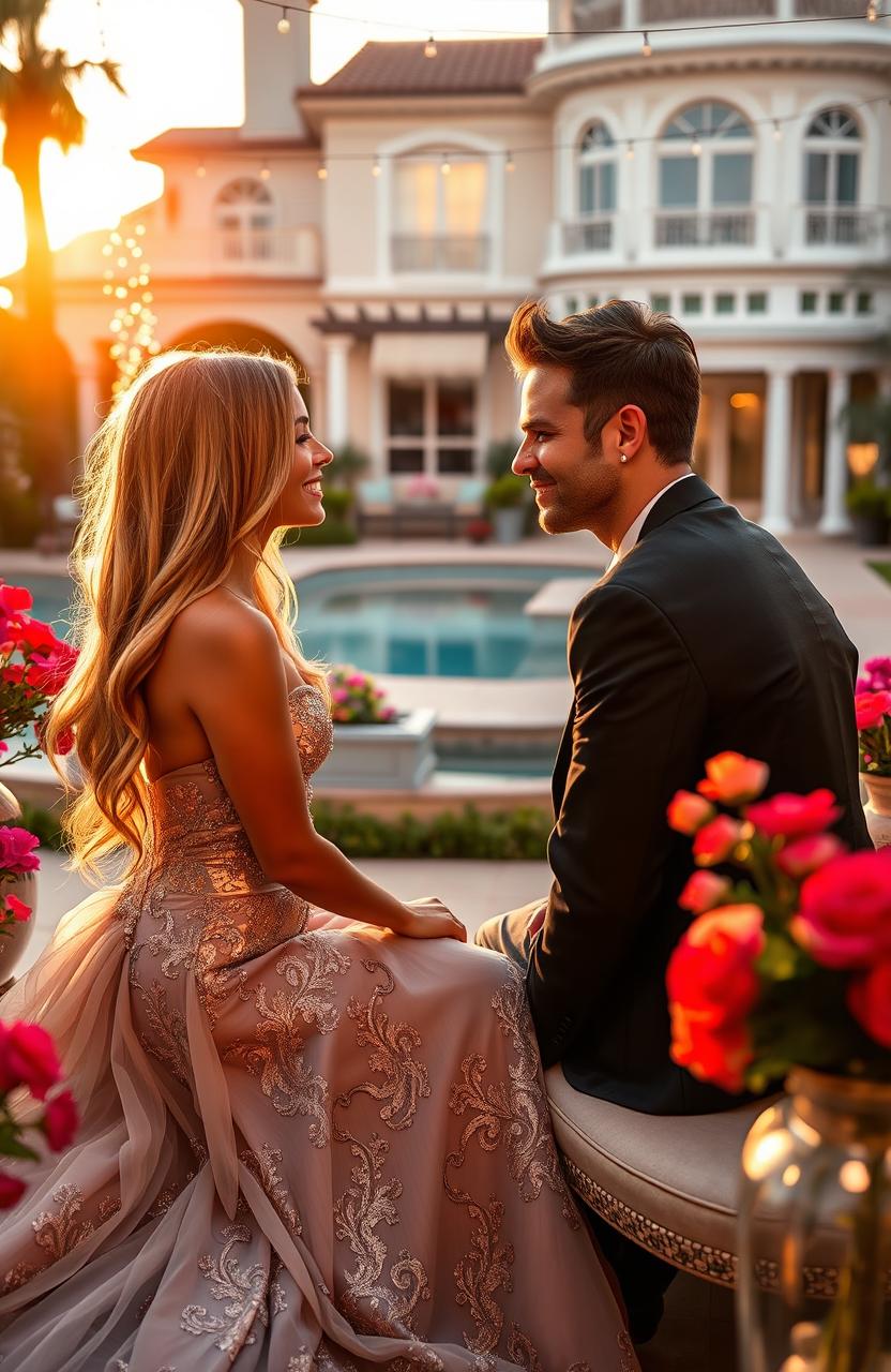 A romantic scene unfolding on a bachelor-style reality show, featuring a charming female contestant with long, flowing hair and an elegant, glamorous gown, sitting on a sunlit outdoor terrace adorned with vibrant flowers