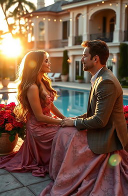 A romantic scene unfolding on a bachelor-style reality show, featuring a charming female contestant with long, flowing hair and an elegant, glamorous gown, sitting on a sunlit outdoor terrace adorned with vibrant flowers