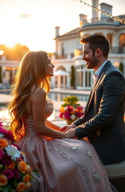 A romantic scene unfolding on a bachelor-style reality show, featuring a charming female contestant with long, flowing hair and an elegant, glamorous gown, sitting on a sunlit outdoor terrace adorned with vibrant flowers