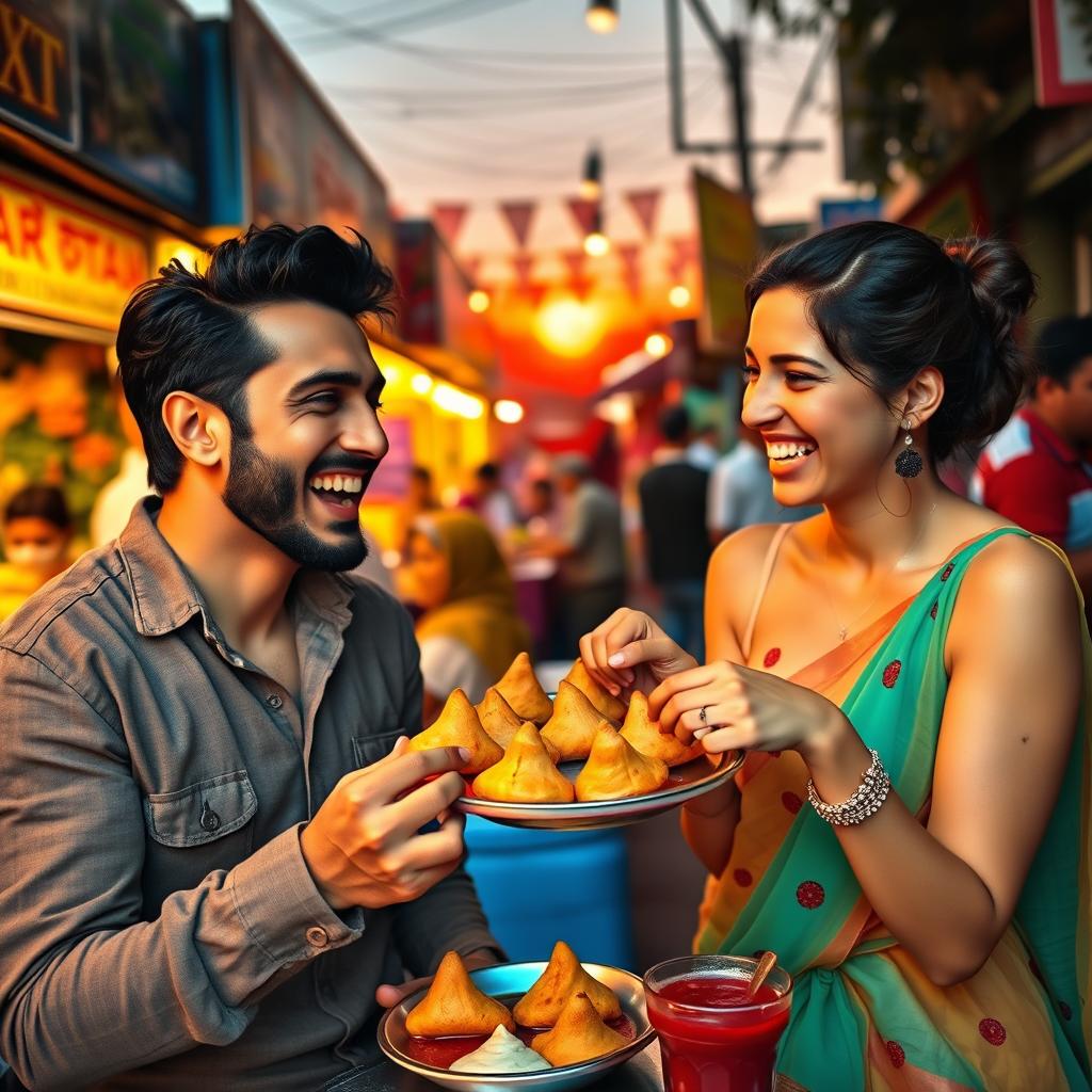 A lively and colorful scene of Ranveer Kapoor and Alia Bhatt enjoying samosas at a bustling street food market in India