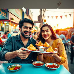 A lively and colorful scene of Ranveer Kapoor and Alia Bhatt enjoying samosas at a bustling street food market in India