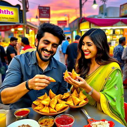 A lively and colorful scene of Ranveer Kapoor and Alia Bhatt enjoying samosas at a bustling street food market in India