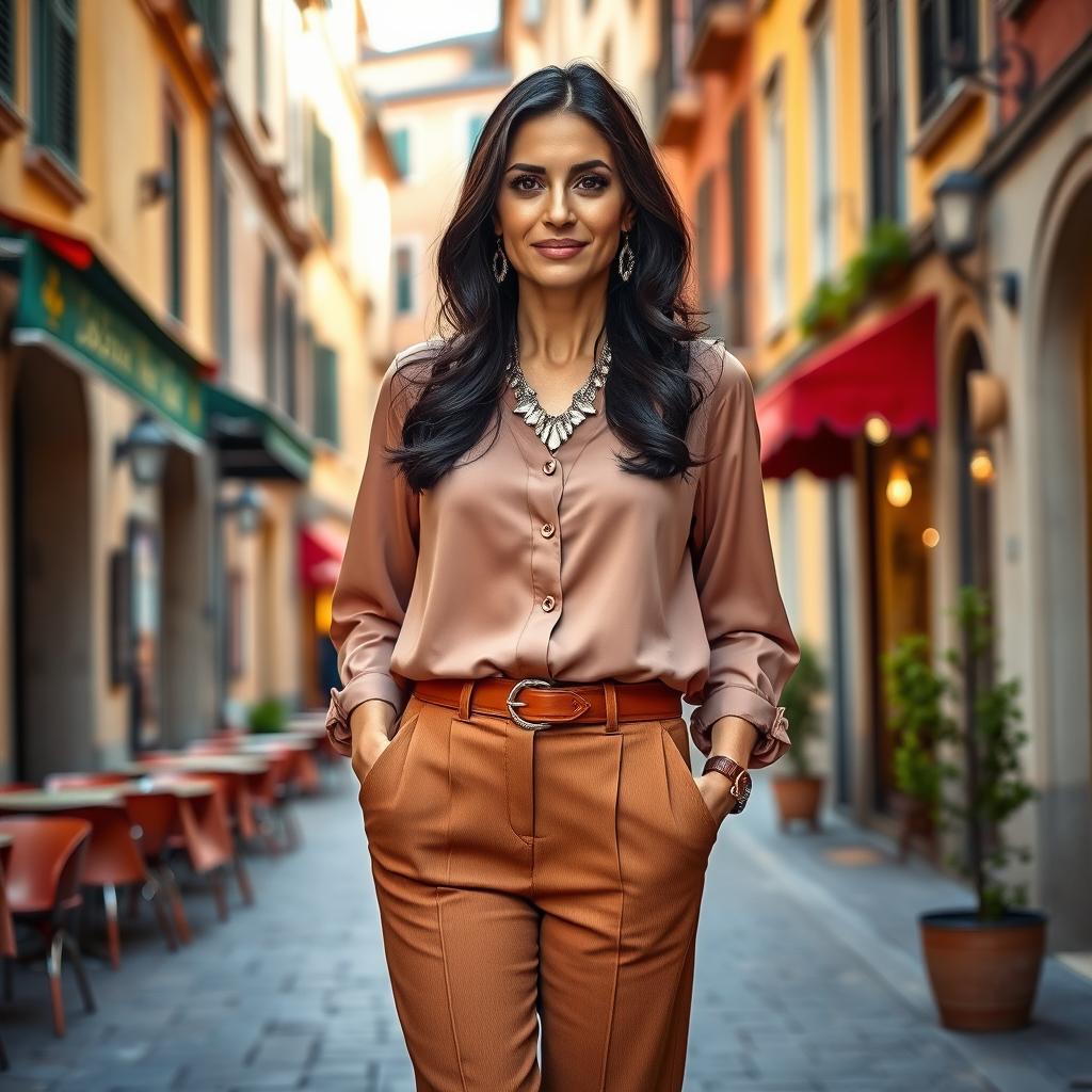 A 38-year-old woman with dark hair and distinctively Italian features, fully dressed in a stylish outfit