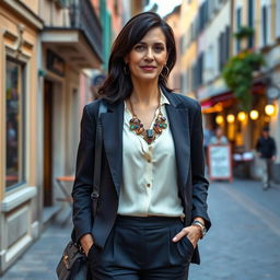 A 38-year-old woman with dark hair and distinctively Italian features, fully dressed in a stylish outfit