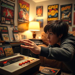 A person looking intently at a vintage video game console, surrounded by colorful game cartridges and nostalgic memorabilia