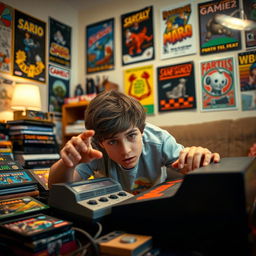 A person looking intently at a vintage video game console, surrounded by colorful game cartridges and nostalgic memorabilia