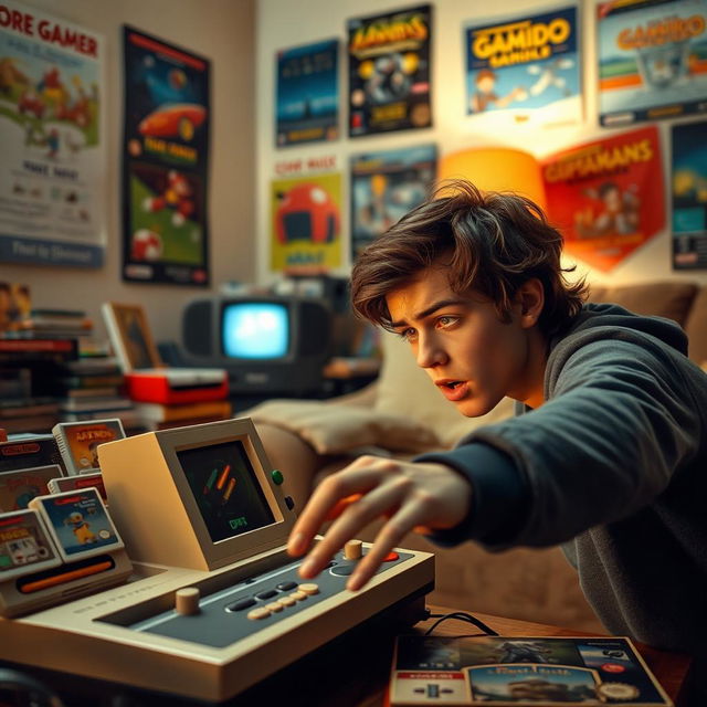 A person looking intently at a vintage video game console, surrounded by colorful game cartridges and nostalgic memorabilia