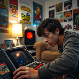 A person looking intently at a vintage video game console, surrounded by colorful game cartridges and nostalgic memorabilia