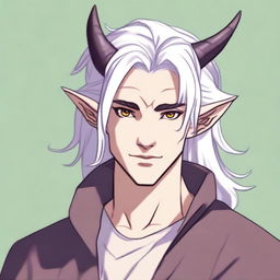 This is a high-quality digital art image showcasing a young tiefling with fluffy, medium-length white hair, styled half up and half down with curtain bangs