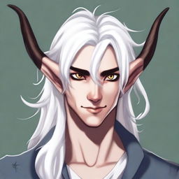 This is a high-quality digital art image showcasing a young tiefling with fluffy, medium-length white hair, styled half up and half down with curtain bangs