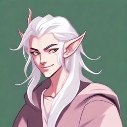 This is a high-quality digital art image showcasing a young tiefling with fluffy, medium-length white hair, styled half up and half down with curtain bangs