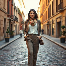 A 38-year-old woman with dark hair and Italian features, fully dressed in a stylish and sophisticated outfit