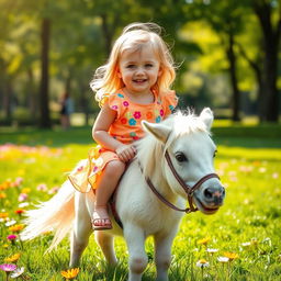 A playful 2-year-old girl with blonde hair and hazel eyes joyfully riding a small, fluffy pony