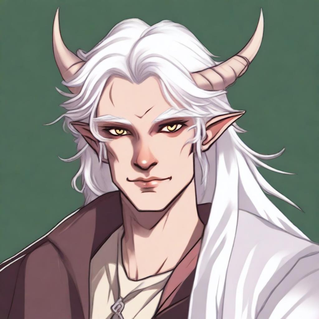 This is a high-quality digital art image showcasing a young tiefling with fluffy, medium-length white hair, styled half up and half down with curtain bangs