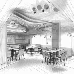 Sketch-style interior illustration of an innovative restaurant. The entrance leads to a fluid counter on the right. To the left, six dining tables arranged in pairs. A sofa is against the opposite wall with a door to its right. The furniture carries innovative shapes.