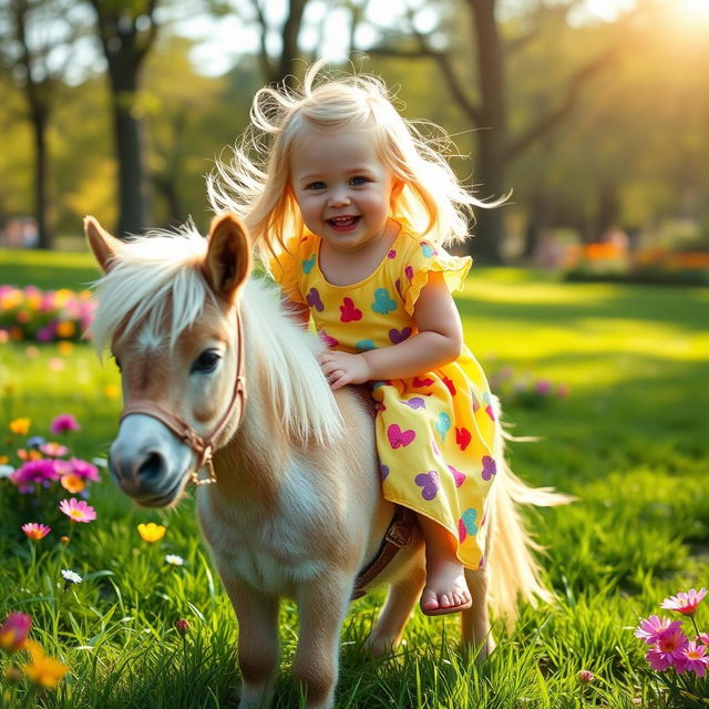 A playful 2-year-old girl with blonde hair and hazel eyes joyfully riding a small, fluffy pony