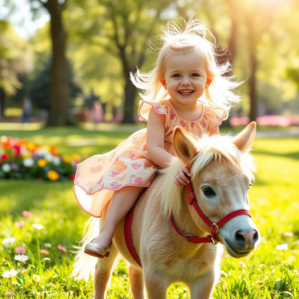 A playful 2-year-old girl with blonde hair and hazel eyes joyfully riding a small, fluffy pony