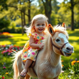 A playful 2-year-old girl with blonde hair and hazel eyes joyfully riding a small, fluffy pony