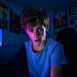 A person gazing at a video game console with a frustrated expression, sitting in a dimly lit room