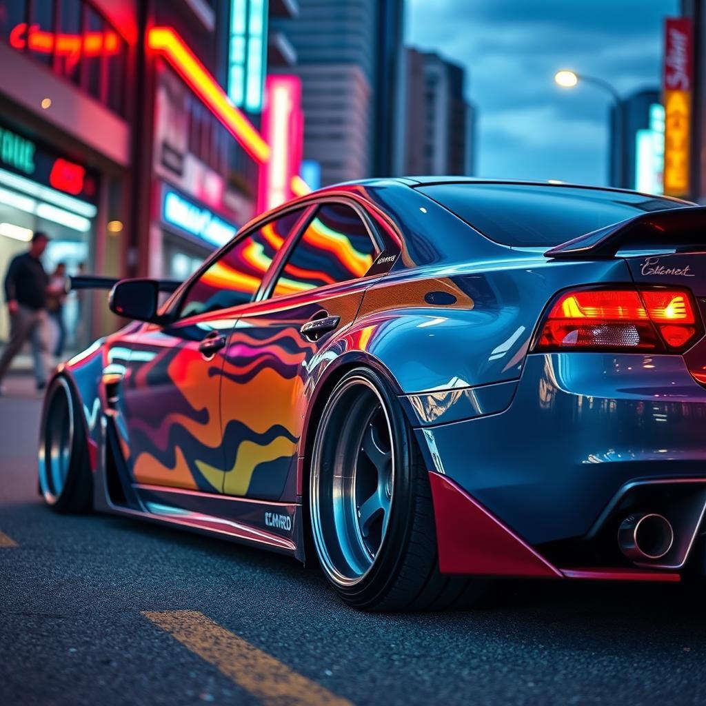 A custom car with exaggerated camber on its wheels, showcasing a vibrant paint job and modified body kit