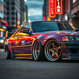 A custom car with exaggerated camber on its wheels, showcasing a vibrant paint job and modified body kit
