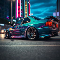 A custom car with exaggerated camber on its wheels, showcasing a vibrant paint job and modified body kit