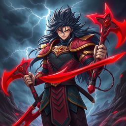 A dynamic and powerful portrayal of a character named Kai holding striking red axes