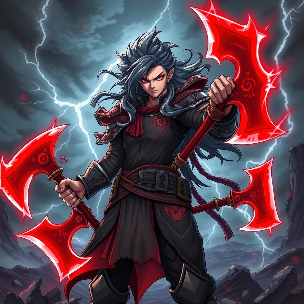 A dynamic and powerful portrayal of a character named Kai holding striking red axes