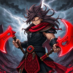 A dynamic and powerful portrayal of a character named Kai holding striking red axes