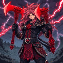 A dynamic and powerful portrayal of a character named Kai holding striking red axes