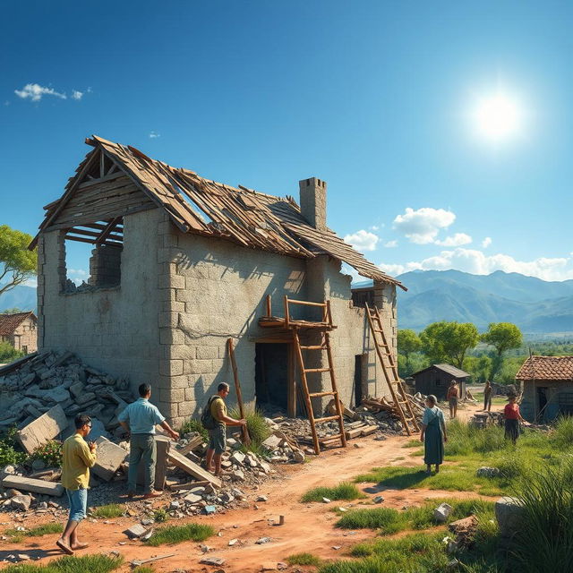 A scene depicting the rebuilding of a destroyed house in a village after a war