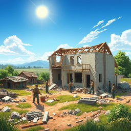 A scene depicting the rebuilding of a destroyed house in a village after a war