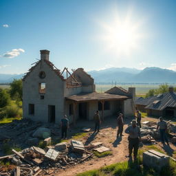 A scene depicting the rebuilding of a destroyed house in a village after a war