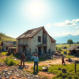 A scene depicting the rebuilding of a destroyed house in a village after a war