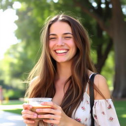 A candid shot of a young woman named Samantha, enjoying a sunny day in a park