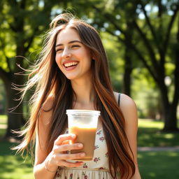 A candid shot of a young woman named Samantha, enjoying a sunny day in a park