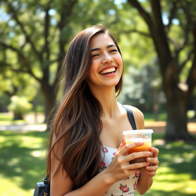 A candid shot of a young woman named Samantha, enjoying a sunny day in a park