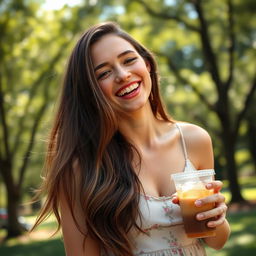A candid shot of a young woman named Samantha, enjoying a sunny day in a park