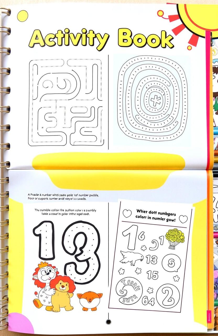 An engaging activity book layout featuring a variety of fun activities for children