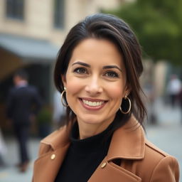A portrait of a 38-year-old woman with dark hair and an Italian appearance